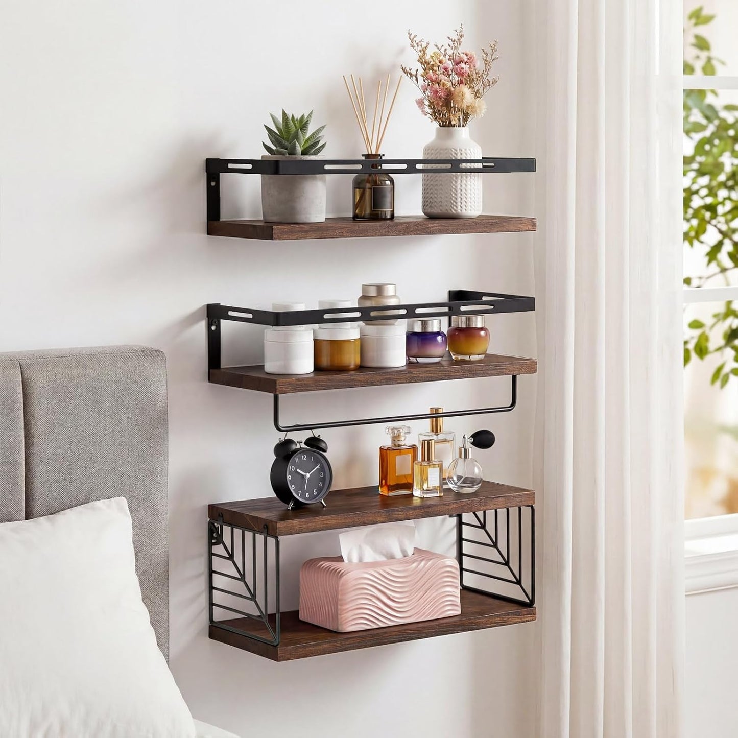 Fixwal Wall Mounted Bathroom Shelves Over Toilet (3+1 Dark Brown) | Wall Shelf with Basket Storage , Towel Bar, Solid