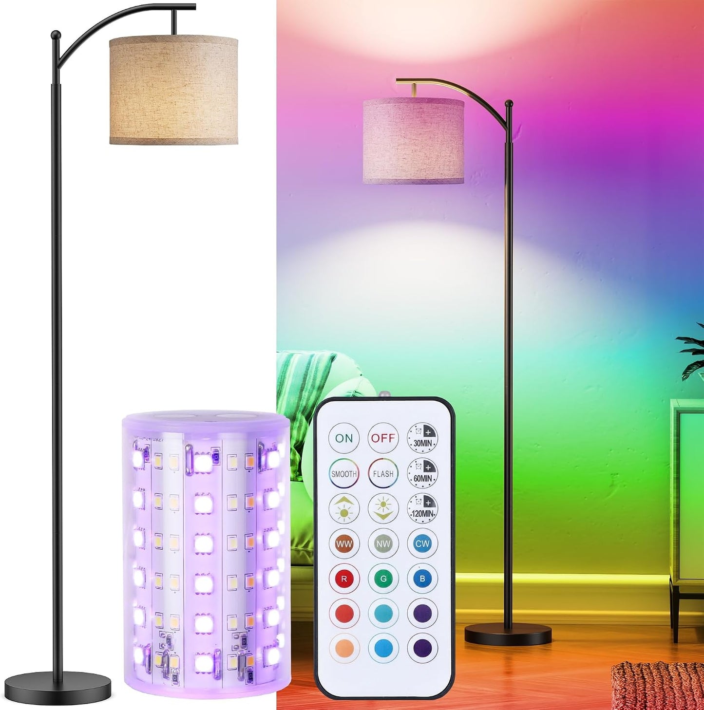 Battery Operated Floor Lamp, RGB Dimmable Cordless Standing Lamp with Remote Control for Living Room, Tall Floor Lamp