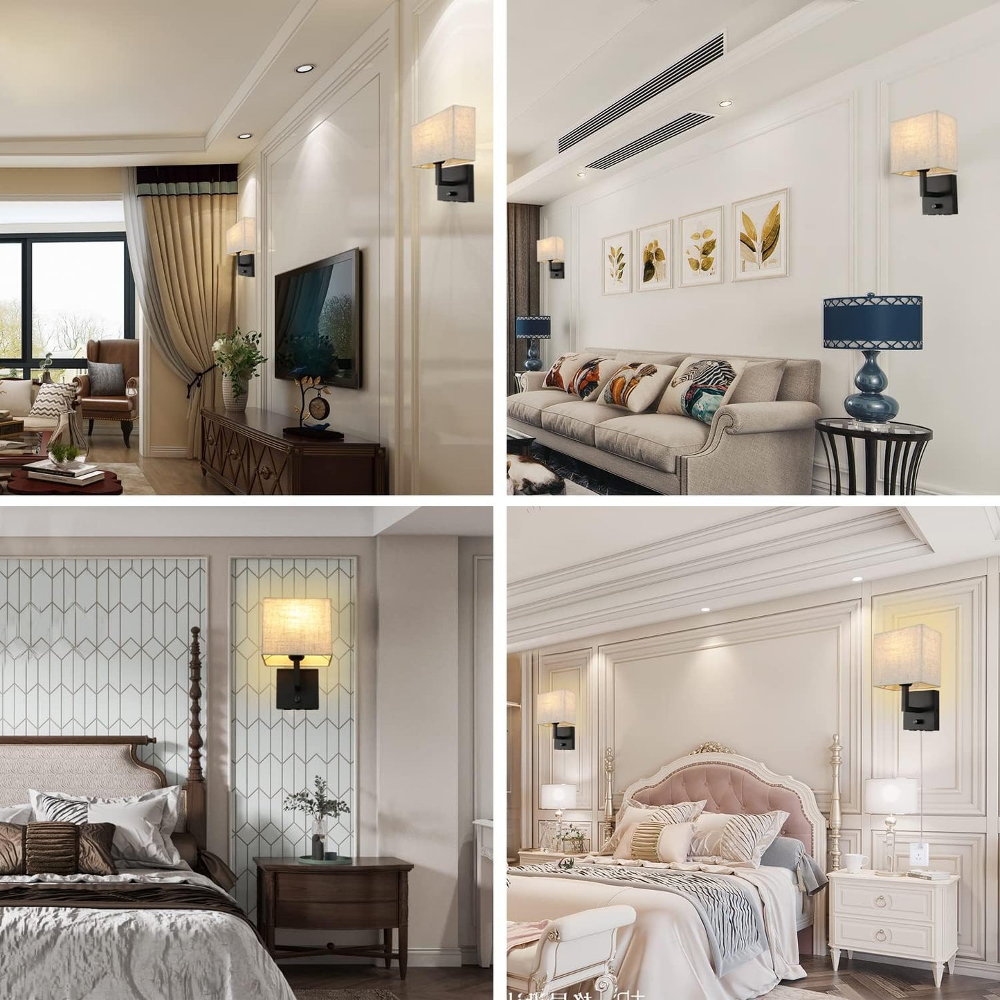 Bedside Wall Mount Light with Dimmer Switch and Two USB Charging Port, Fabric Linen Shade Wall Sconces Light with Plug
