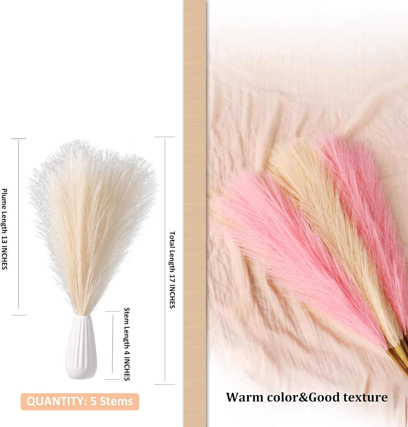 18"/45cm Artificial Pampas Grass Fluffy 6 Stem pompous Grass Flower Arrangement for Boho / Taupe