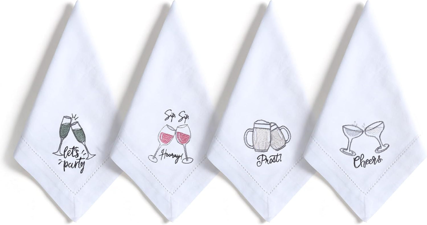 Bedding Craft Cotton Cloth Dinner Napkins Set of 12 – 18x18 Embroidered Motif with Decorative Hemstitch – Machine