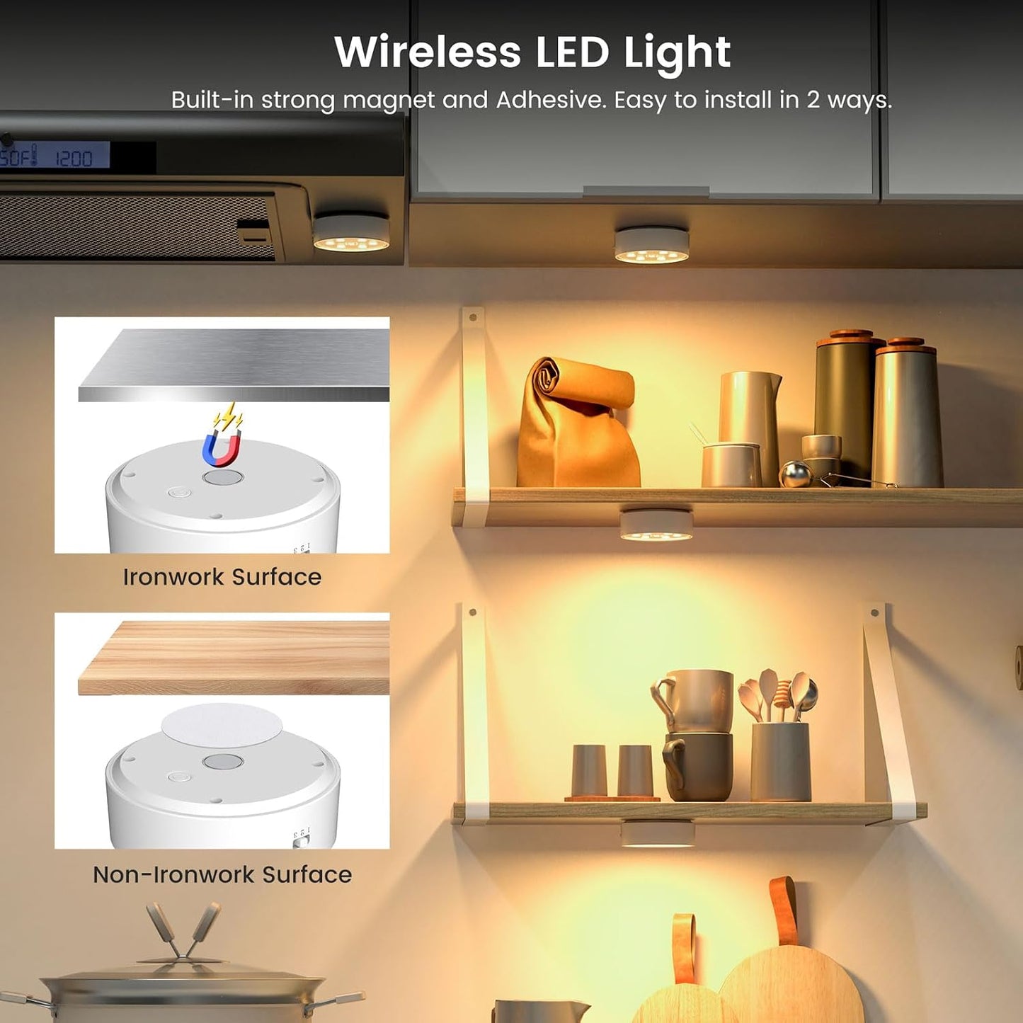 Rechargeable Under Cabinet Lighting 6 Pack, Wireless LED Puck Lights with Remote Control Sync and Groupable, 2600mAh
