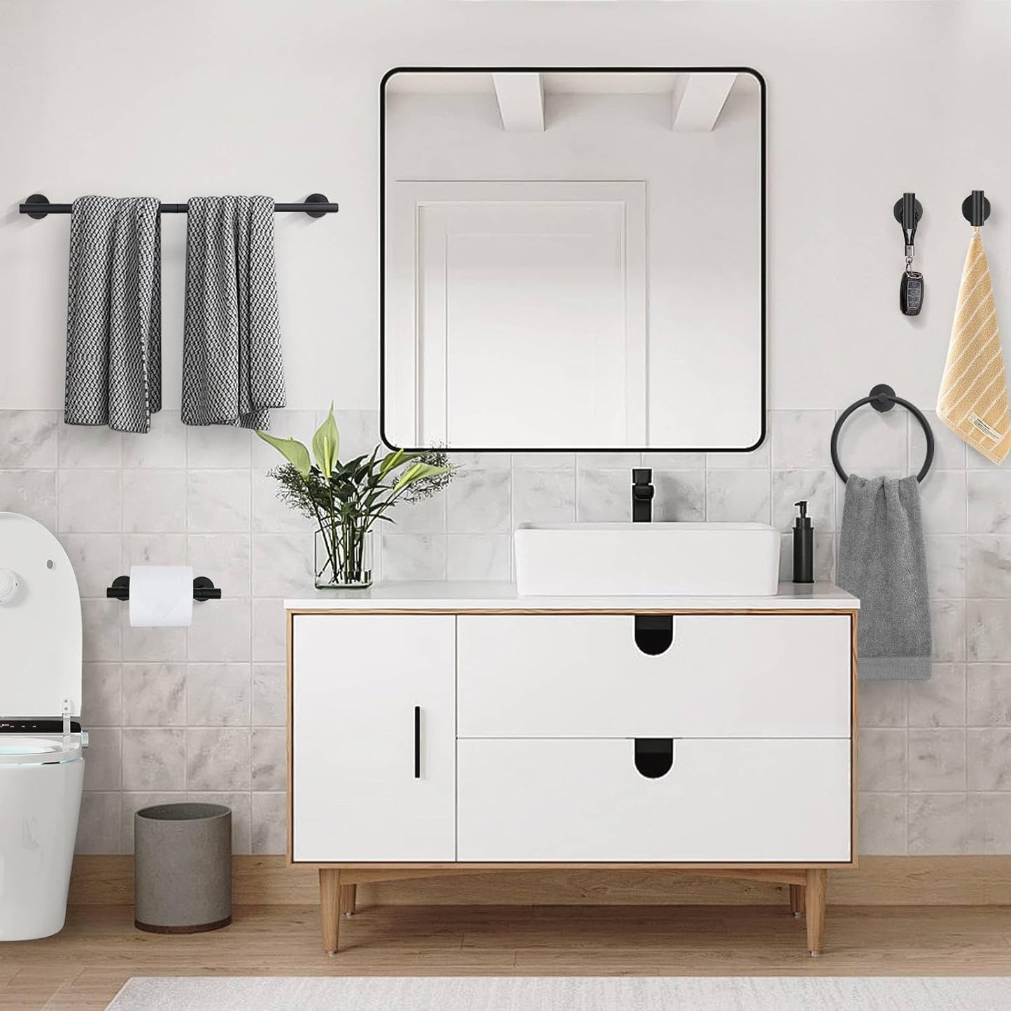 5 Pieces Matte Black Bathroom Hardware Accessories Set, Bathroom 23.6 Inch Towel Bar Set Stainless Steel Toilet Paper