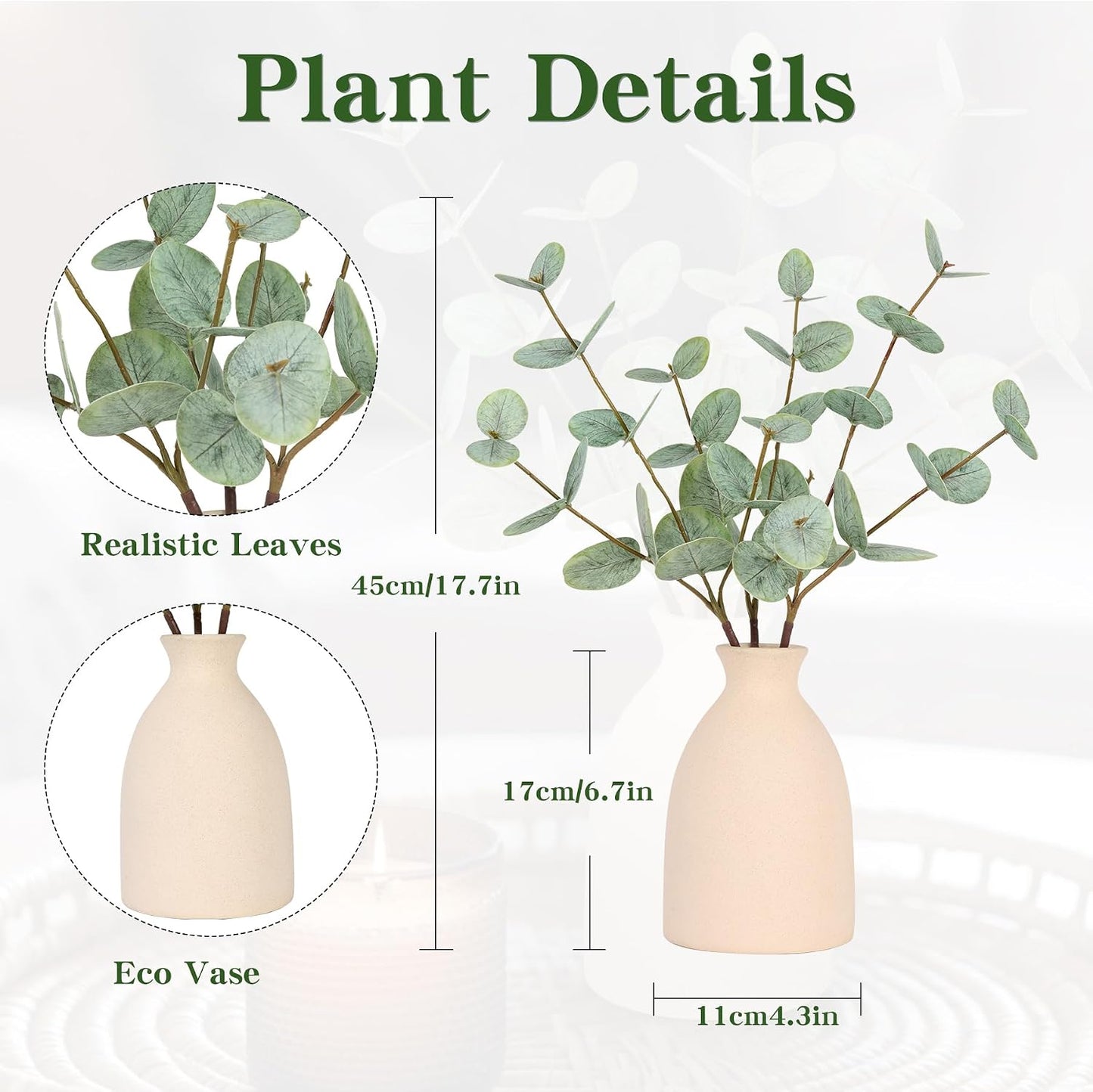 17" Artificial Eucalyptus Stems Potted Plant / Gray Green Beige Vase