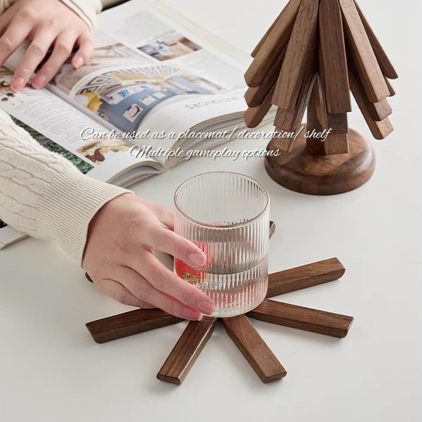 Trivets for Hot Dishes, 4 Artful Foldable Wooden Hot Pads for the Kitchen, Store as a Decorative Christmas Tree for