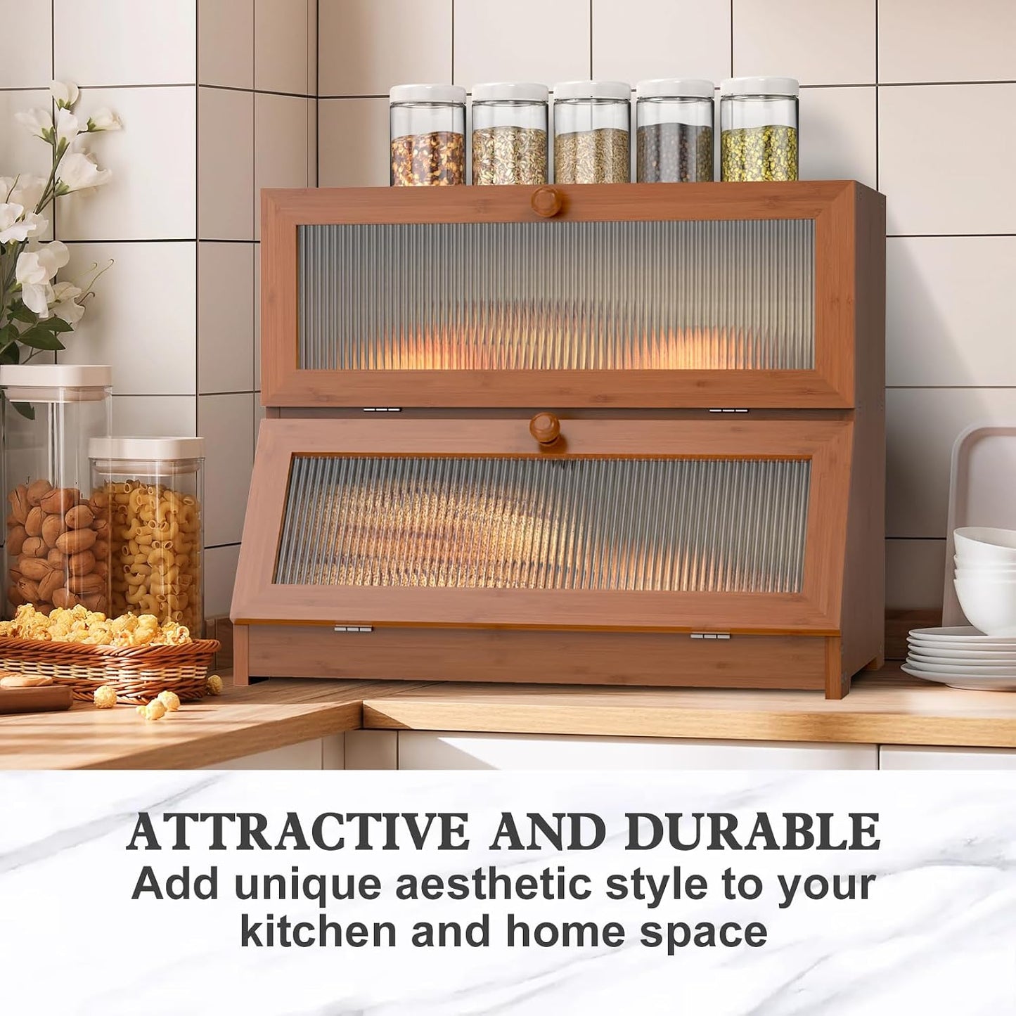 LOHASOK Bread Box for Kitchen Countertop,Brown | 2-layer, Bamboo, Large, Farmhouse Bread Container Holder Storage