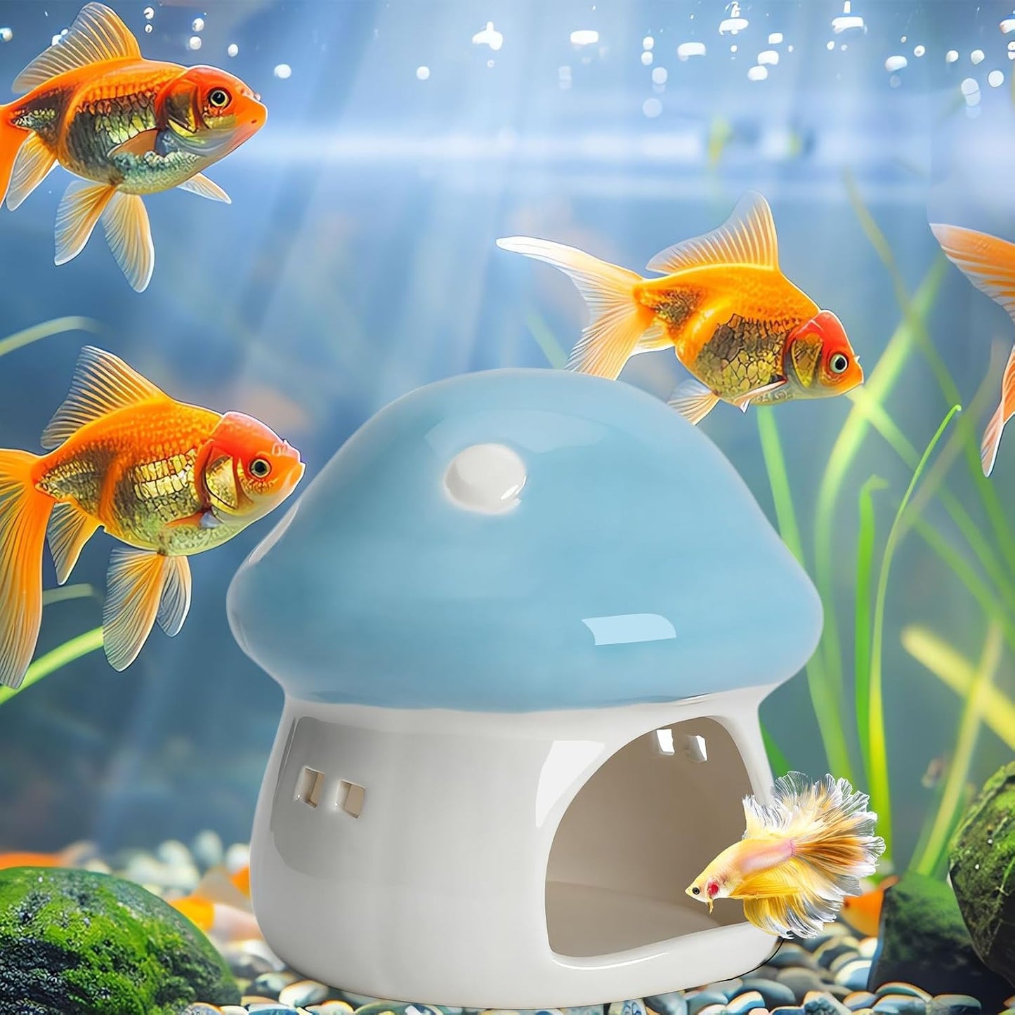 Ceramic Mushroom Aquarium Decor House Betta Fish Tank Accessories Decoration Hideout / Blue / Small