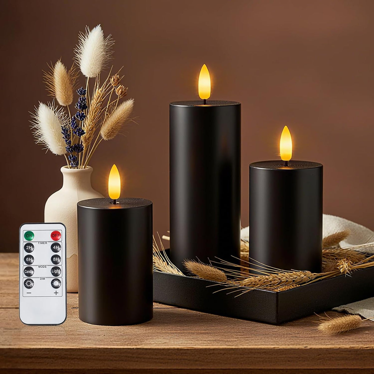 Homemory Black Flameless Candles Battery Operated with Remote Timer, 3PC | Rael Wax LED Pillar Candles with Realistic