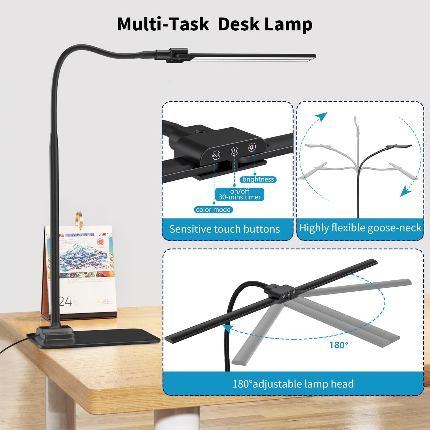 LED Desk Lamp Double Light: 1200LM Desk Light Base for Home Office, Black | Dual Screen Computer Monitor Light