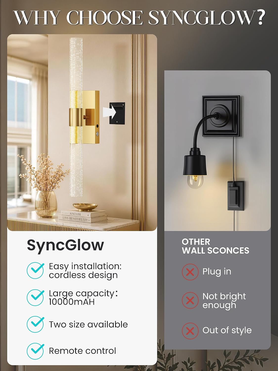 10000mAh Battery Operated Wall Sconces Set of 2, Gold, 20 Inch | 3CCT, Renter Friendly, Rechargeable Wall lights