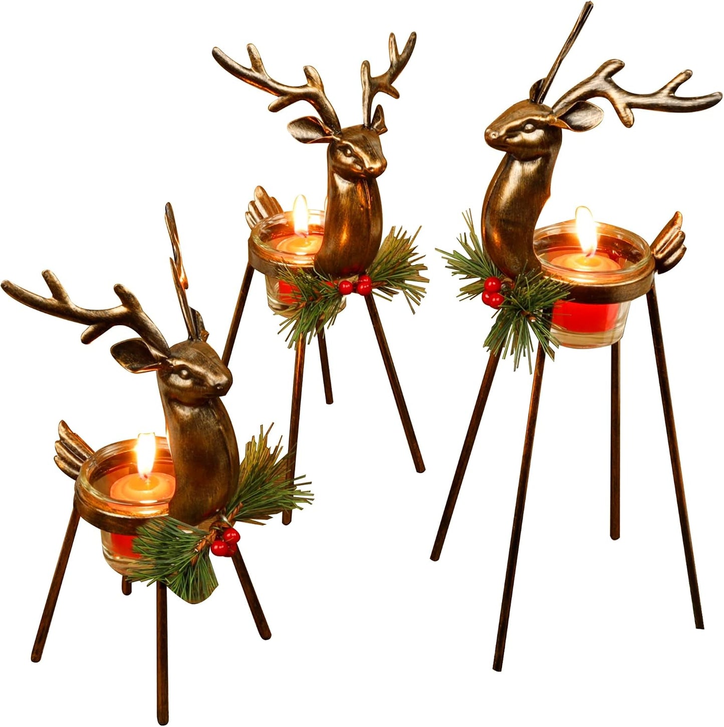 Juegoal Set of 3 Reindeer Tealight Candle Holders, Standing Iron Metal Christmas Decorations, Glass Votive Candle