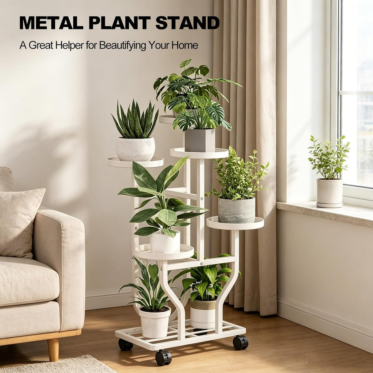 Plant Stand with Wheels, White 5 Tier Metal Plant Shelf for Indoor Outdoor | Corner Plants Stand Indoor for Bedroom