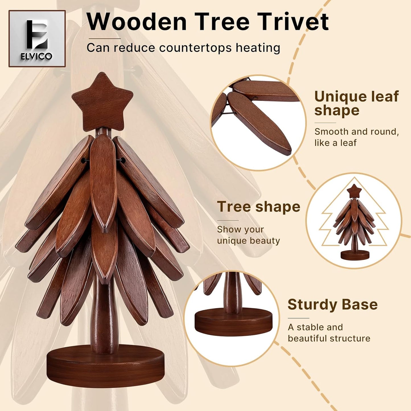 Wooden Tree Trivet + 1 Stand Stored Like a Christmas Tree / Set of 4