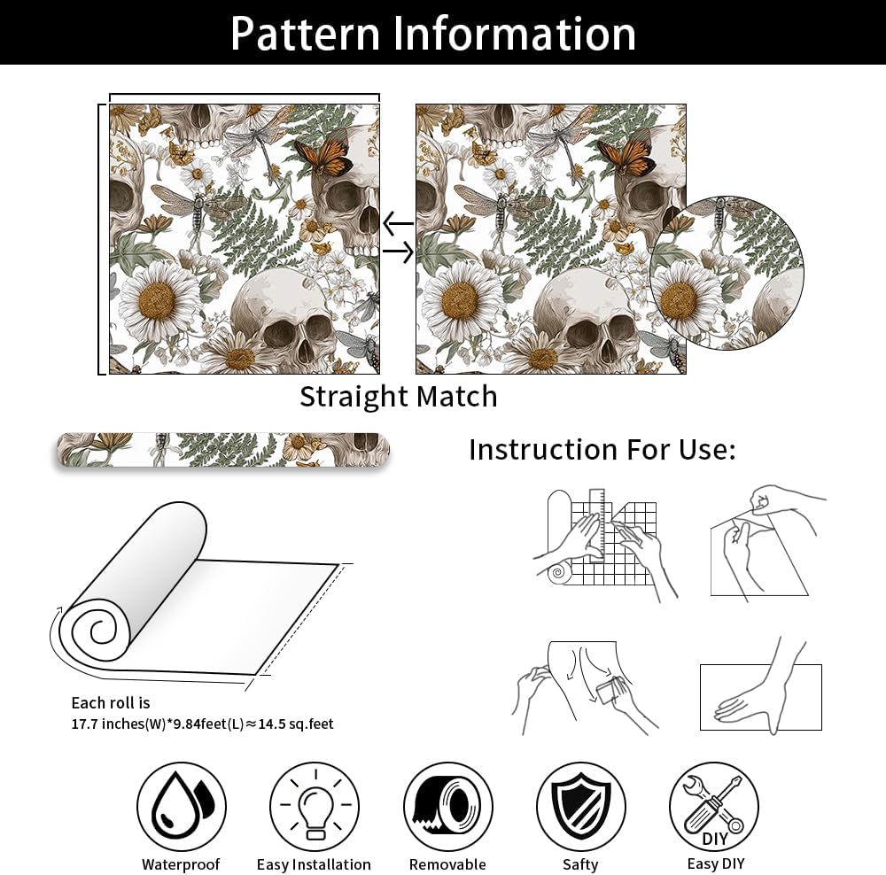 Skulls and Vintage Botanical Peel and Stick Wallpaper / 17.7 x 118.1 / Green/browns/white