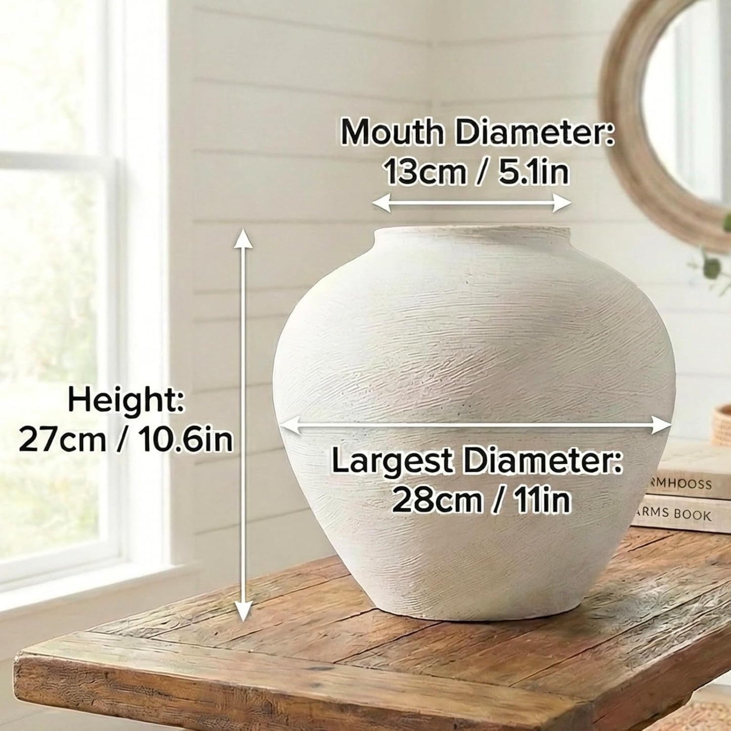 11" Wide Textured Stone Look Metal Flower Vase / White Large Brushed