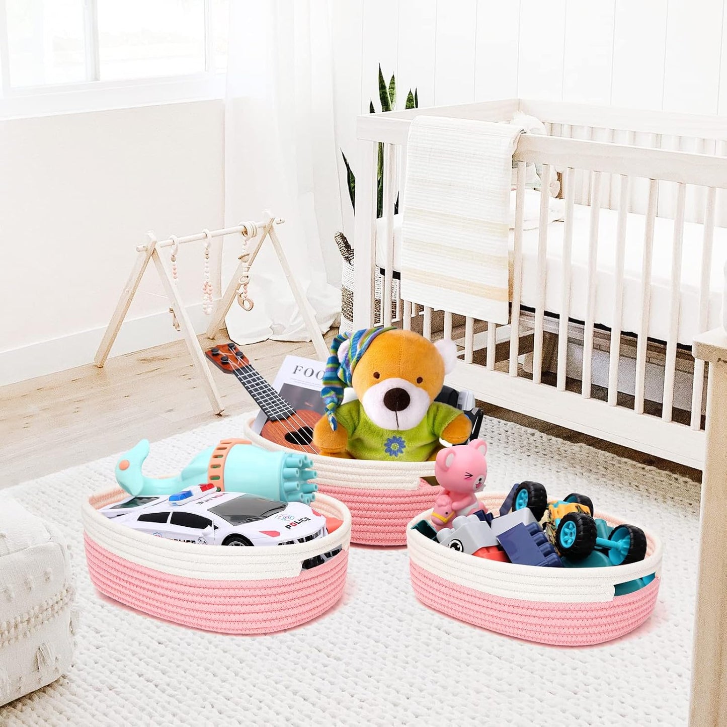 7 Piece Cotton Rope Woven Basket Set / OFF WHITE & PINK