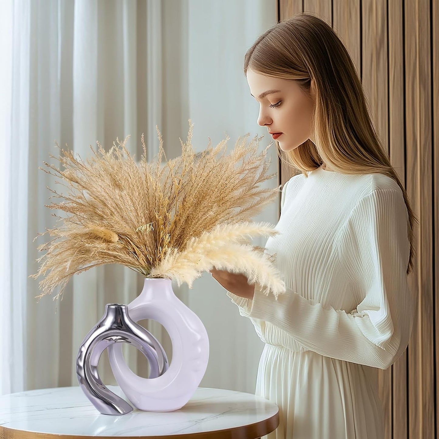 Round Boho Vase for Pampas Grass / White Silver / Set of 2