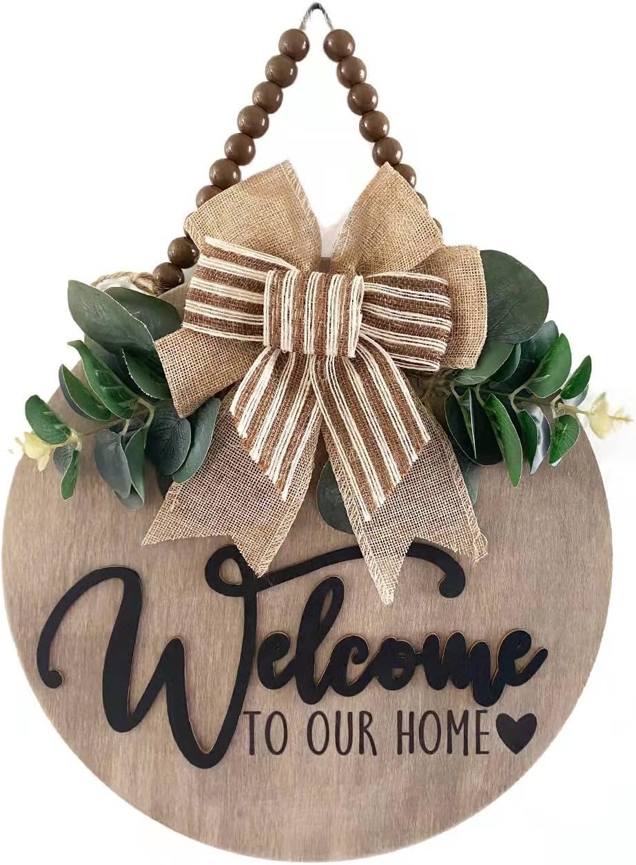 Condorpasea 3D Welcome Sign for Front Door | Home/Farmhouse Porch Décor Wooden Hanging Sign with Artificial Leaves and