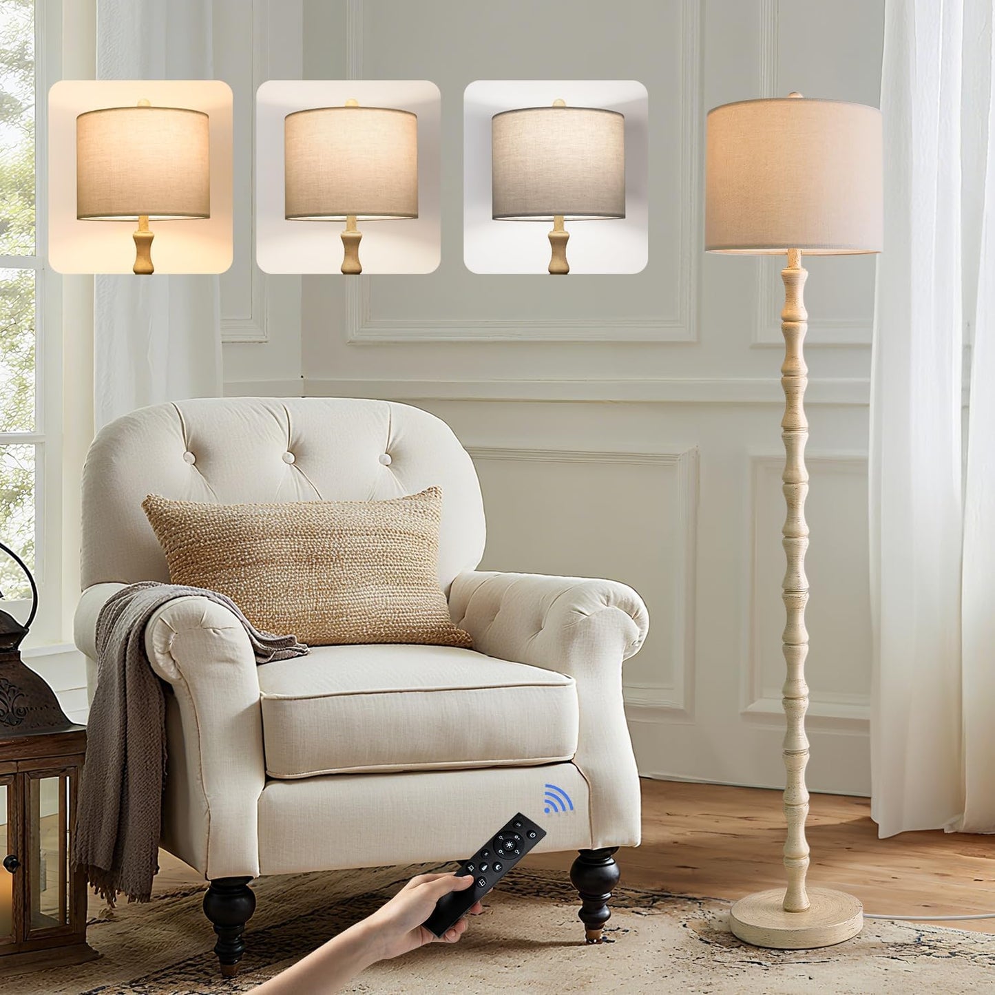 BOBOMOMO 62" Rustic Farmhouse Floor Lamp Antique White with Remote & Dimmable 9W Bulb, 3 Color Temperatures Resin