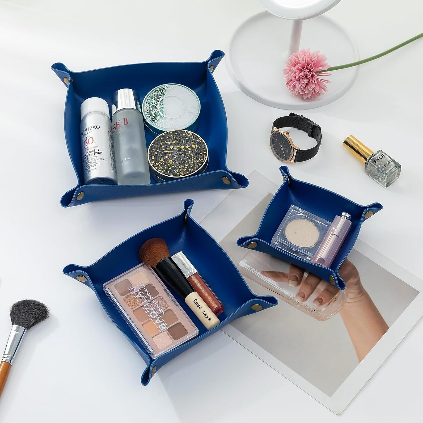 3 packs PU Leather Tray in 3 Sizes Jewelry Tray Glossy Leather Desk Organizer Leather / Klein Blue