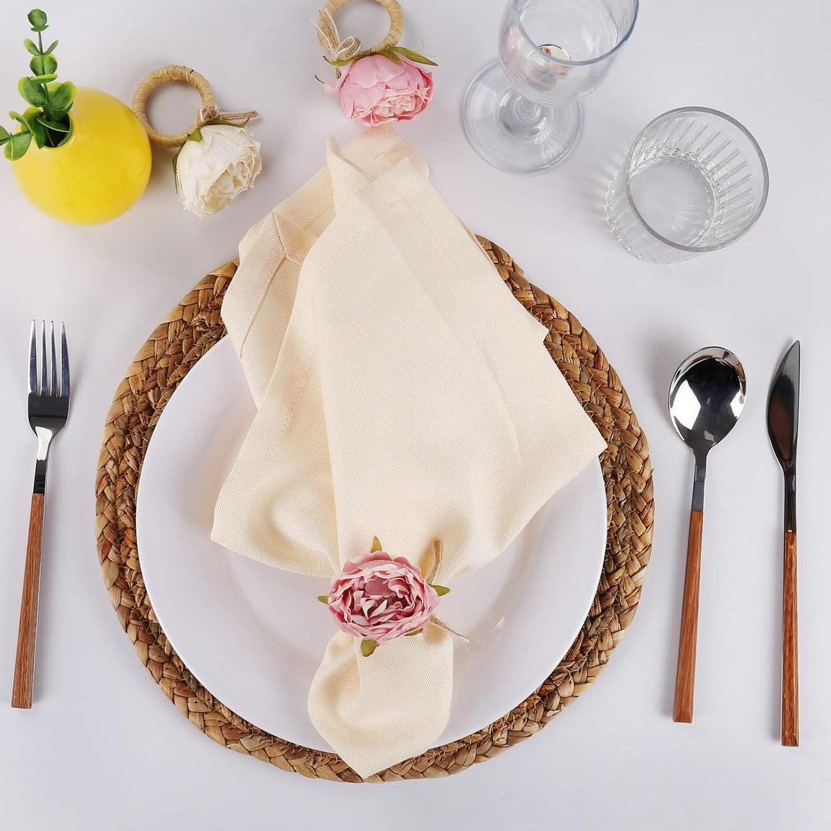 Handcraft Flower Napkin Rings Set of 12, Pink Peony Napkin Holder | Handmade Rose Rustic Table Rings for