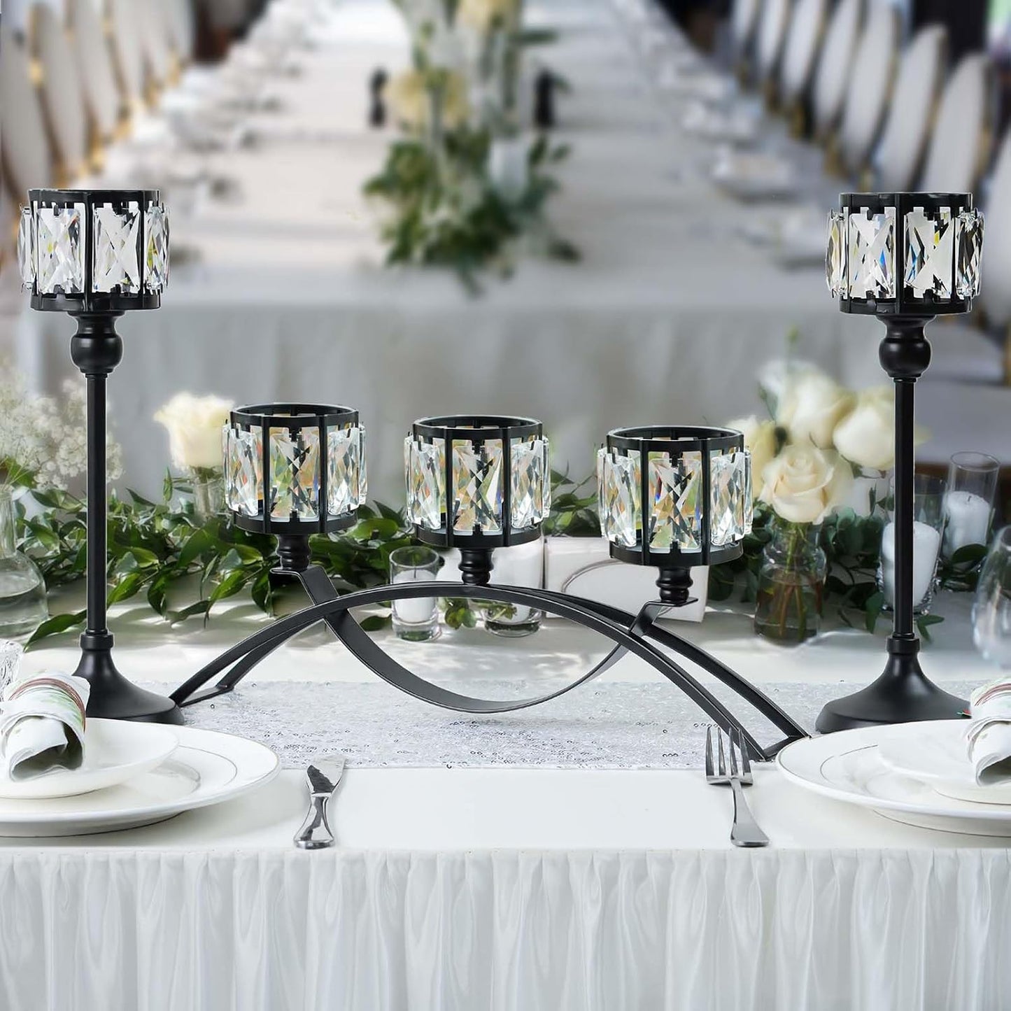 Black Set of 3 Crystal Candle Holders Arched - Elegant Tabletop Candelabra Centerpiece for Weddings, Dining Room Decor