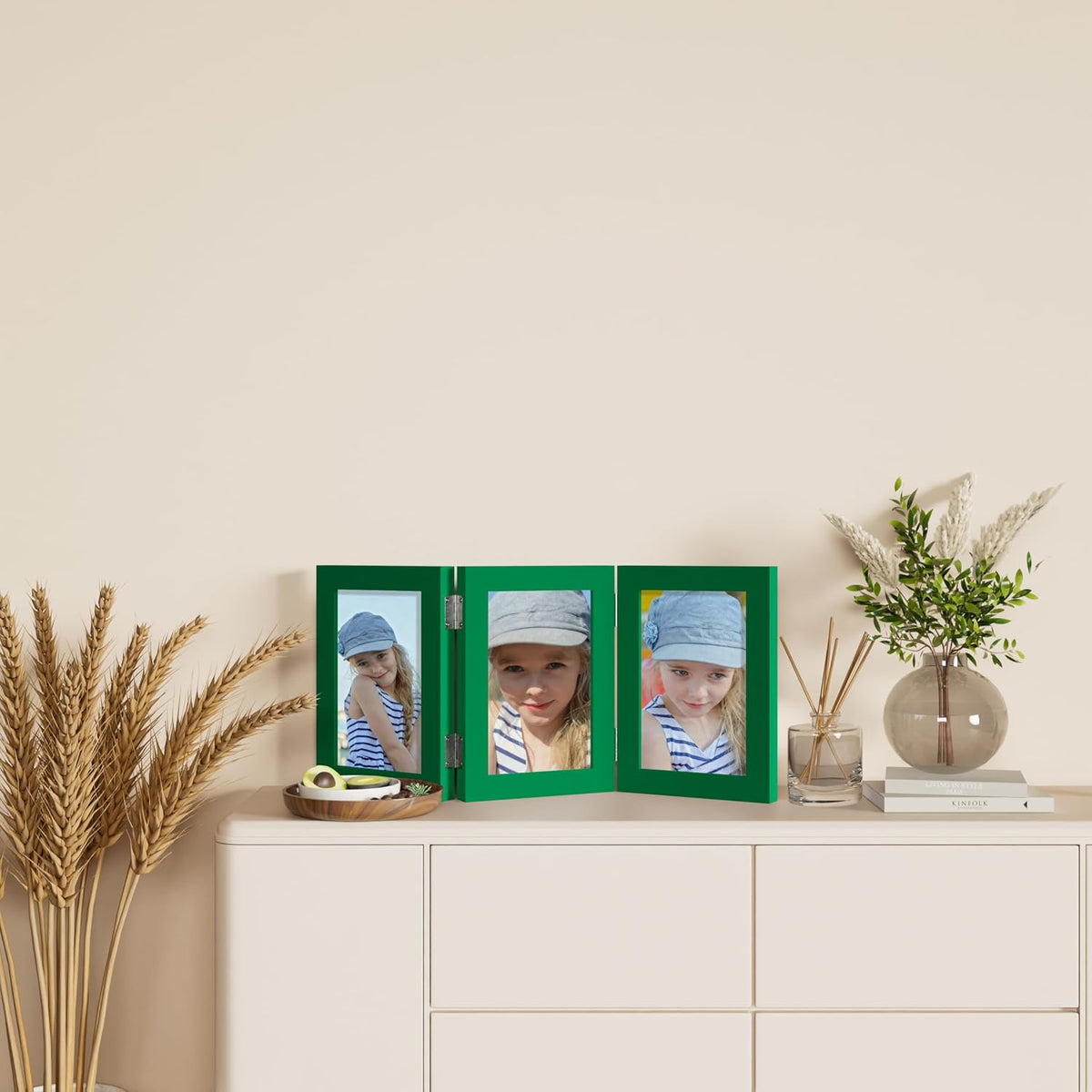 decorUhome Green Triple 5x7 Picture Frame Vertical, MDGN08 | "Z" Shape Folding Design Engineered Wood Trifold Photo