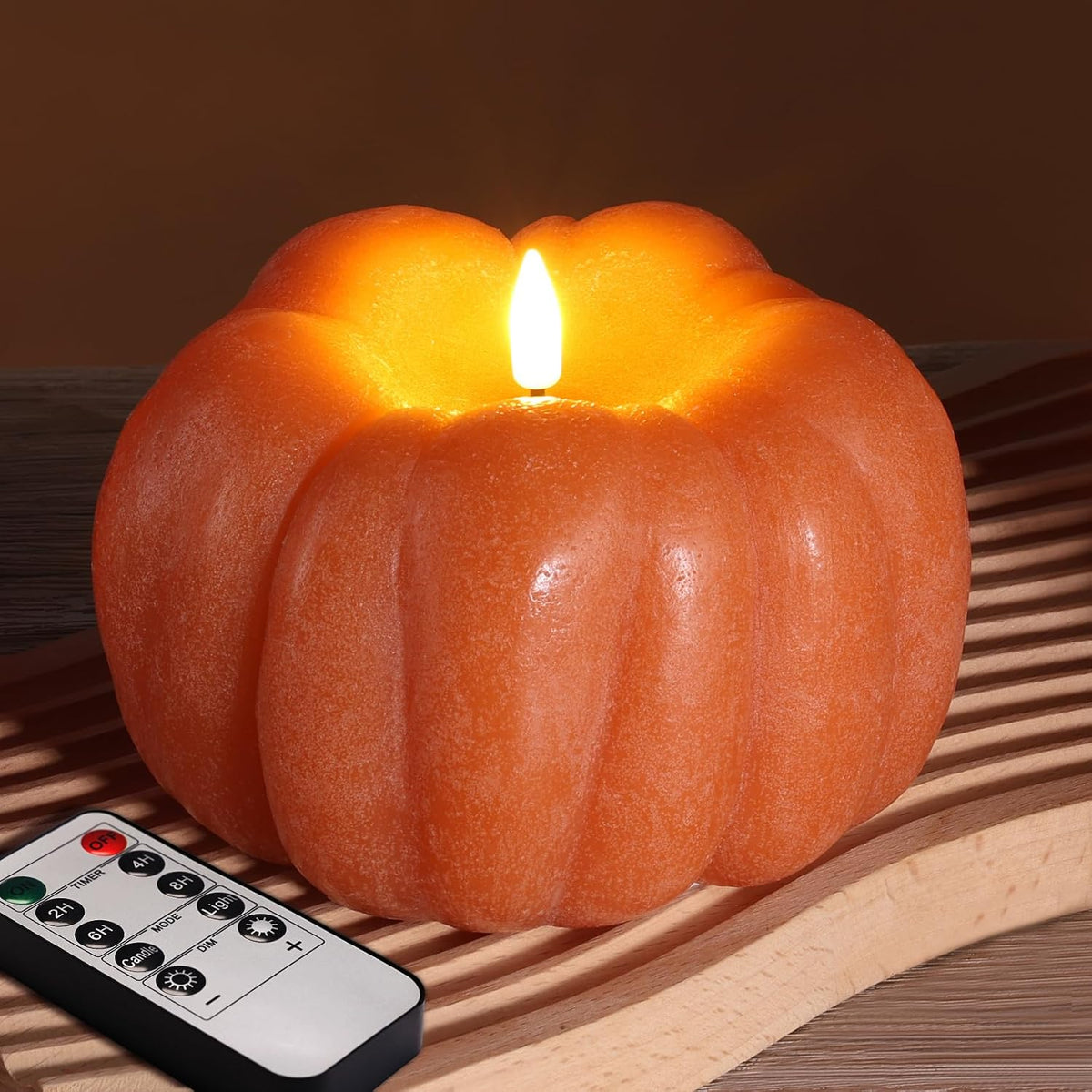Burnt Orange Pumpkin Fall Flameless LED Candle with Remote, Halloween Decor