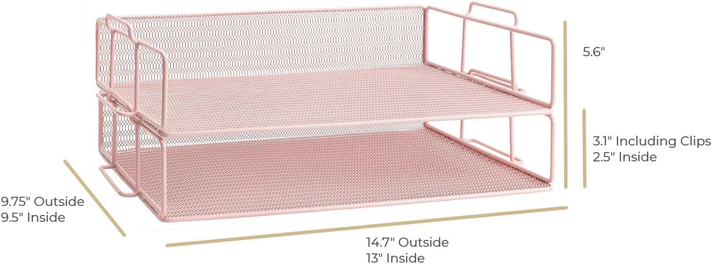 BLU MONACO | Paper Tray Stackable Pink Mesh Set of 2 | Stackable File Trays for Desk Organization | Tiered Desk