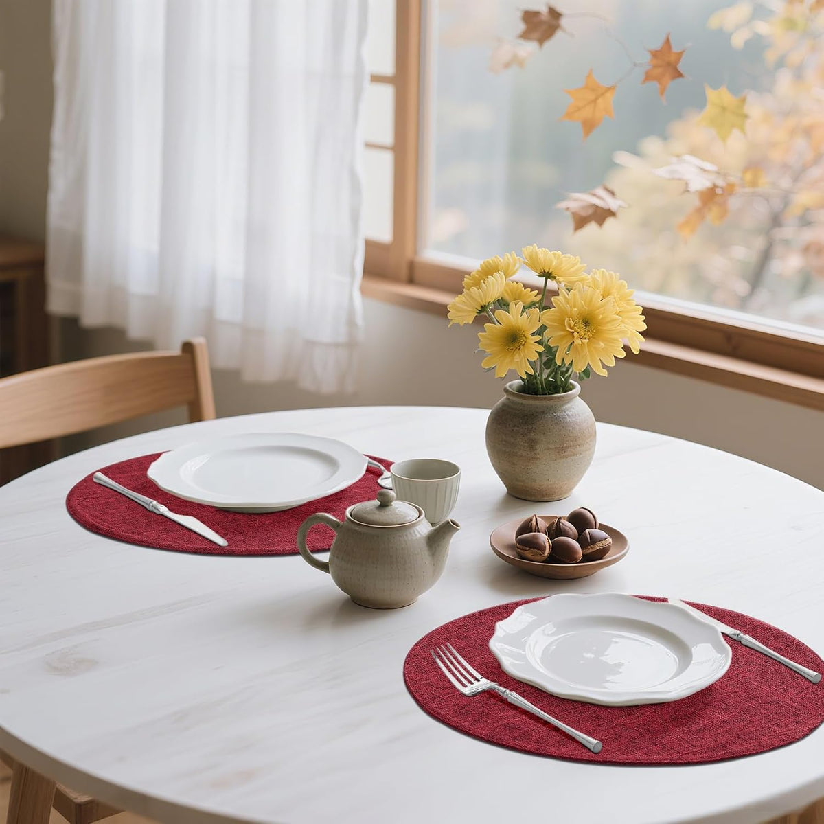Cotton Linen 15 Inch Round Cloth Place mats, Set of 6, Red | Washable Table Mats, Heat Resistant, Reversible, Wipeable