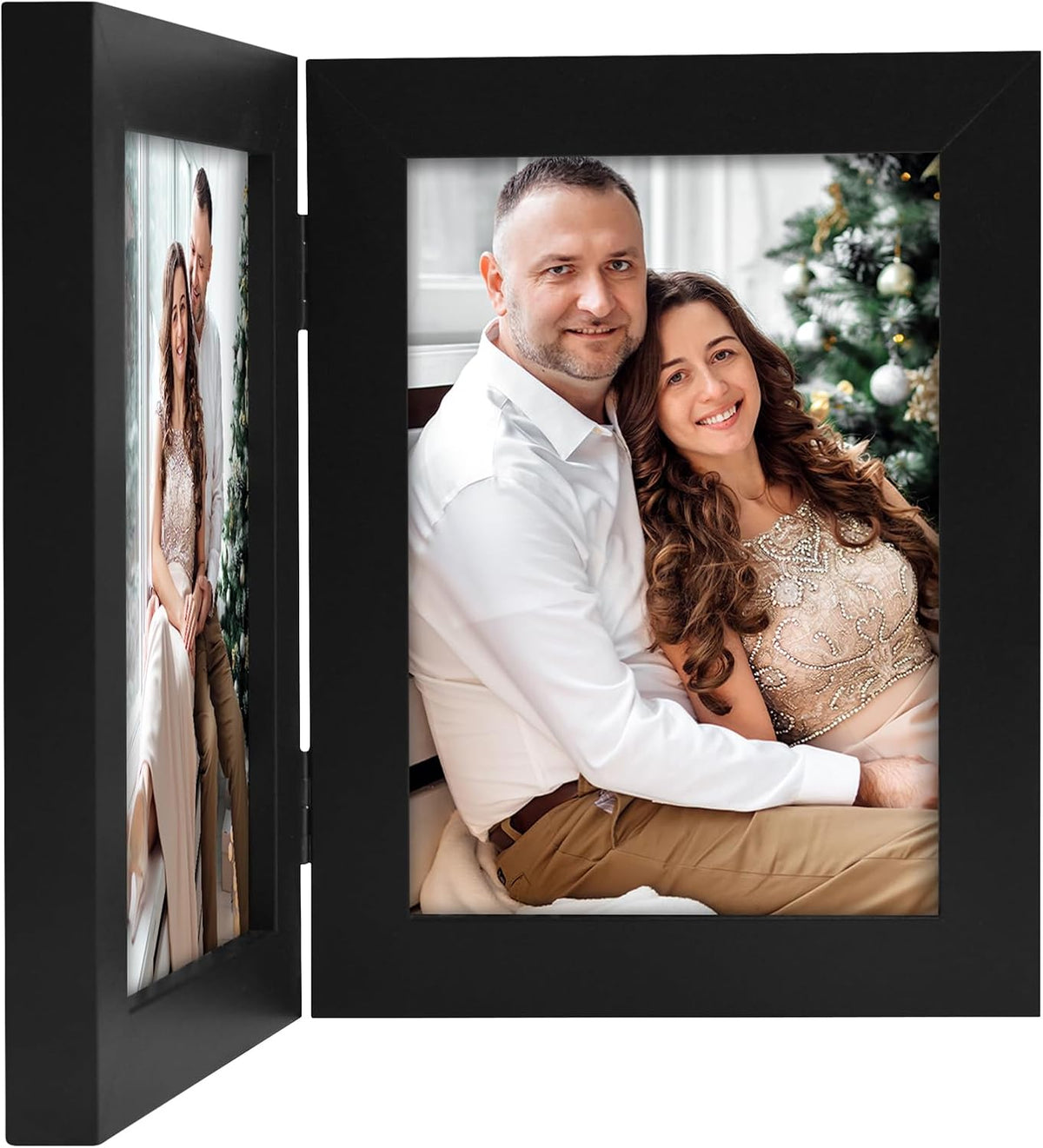 Frametory, 5x7 Double Picture Frame Black, 10 Pack | Real Glass Front, Hinged 2 Photos Collage, Side by Side Standing
