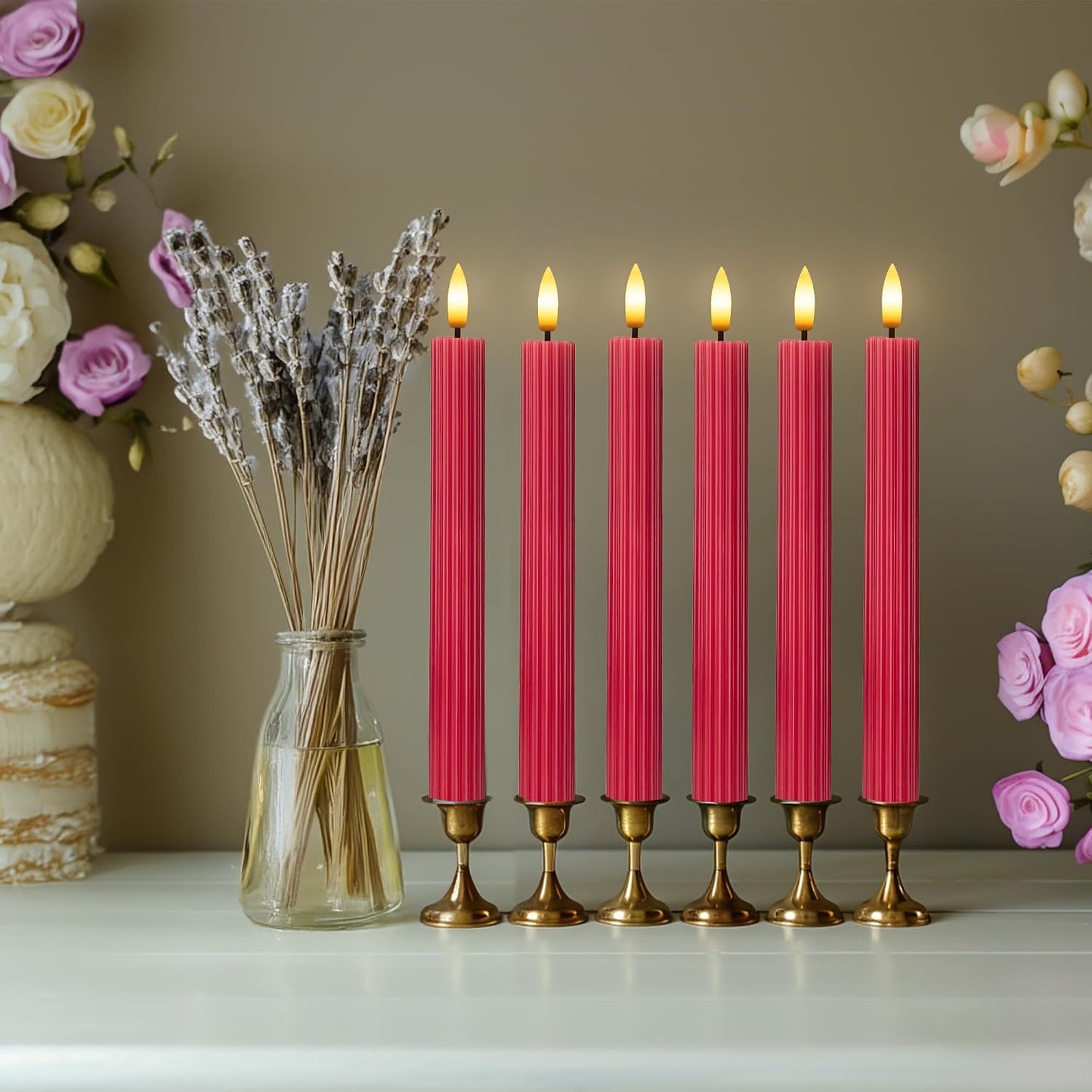 10" Fluted Ribbed LED Red Grooved Pillar Candles, Remote & 24h Timer Memory, On/Off Switch - Flameless Dimmable Battery