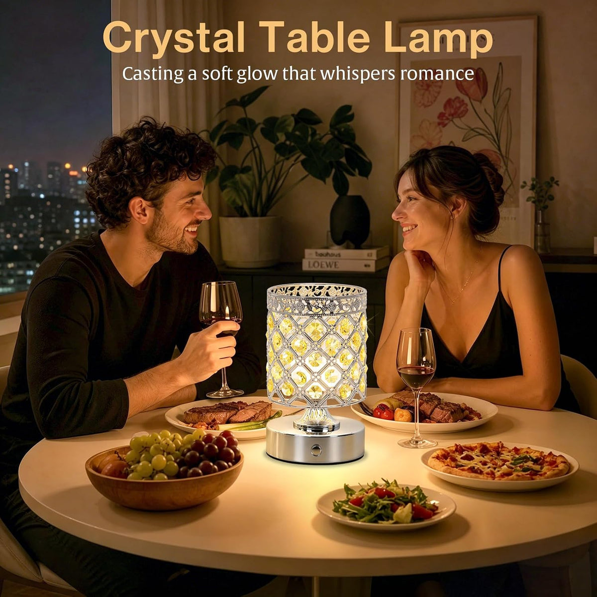 Yellow Crystal Rechargeable Cordless Table Lamp, Touch Small Desk Lamp | 6000mAh Battery, 3 Color Temps, Stepless
