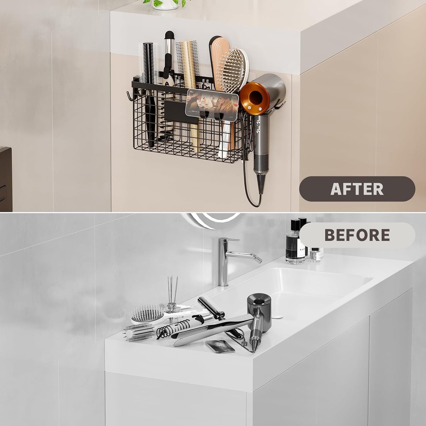 Magheo Hair Dryer Holder Cabinet Door 3-in-1 Adhesive Hair Tool Organizer Wall Mounted Adjustable Height Blow Dryer