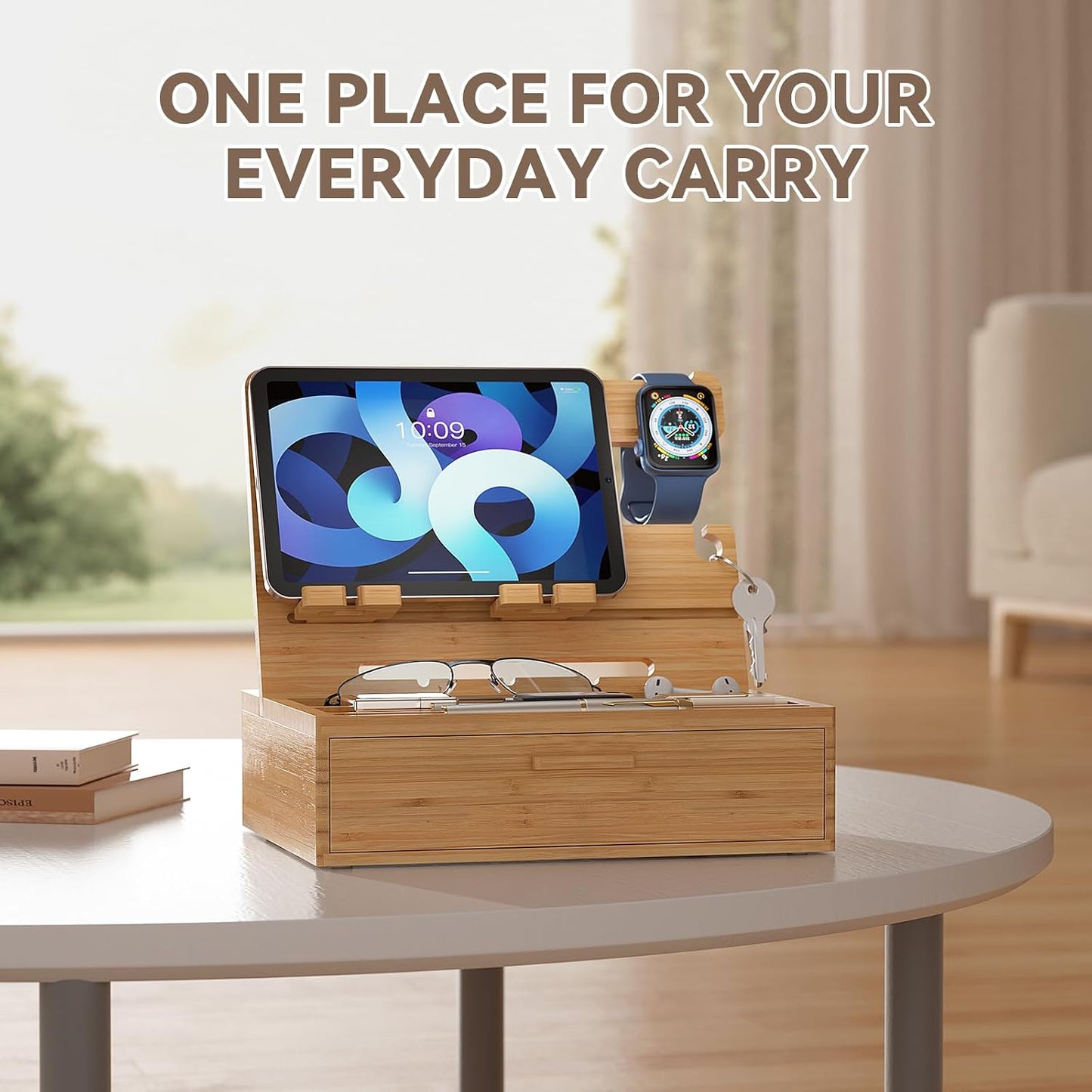 Pezin&Hulin Docking Station with Drawer, Nightstand Organizer (Nature) | Desk Organizer for Phones, Watch, Keys