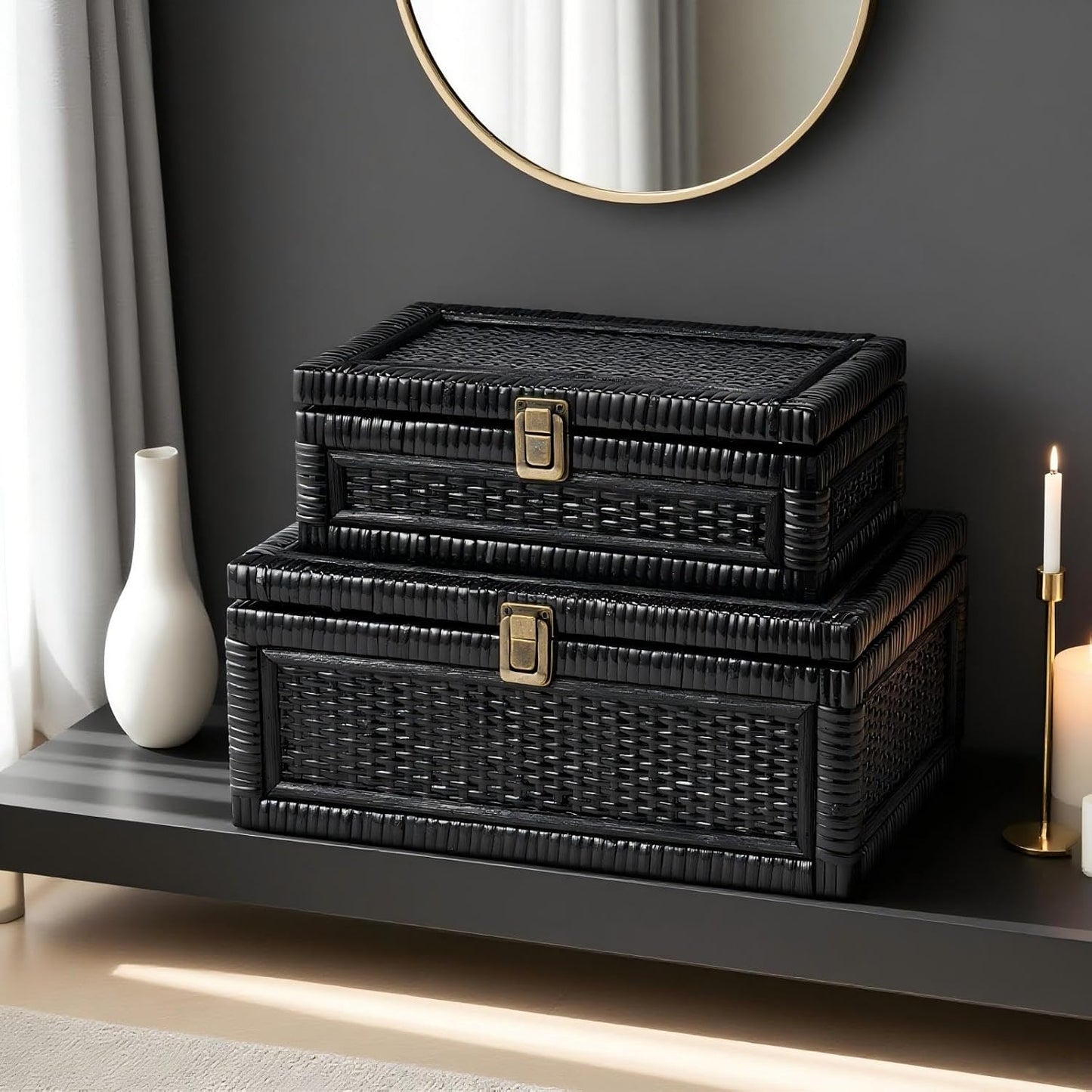 Lid Decorative Natural Handmade Boho Rattan Baskets Woven Wicker Cane Bins Keepsake / Small / Black