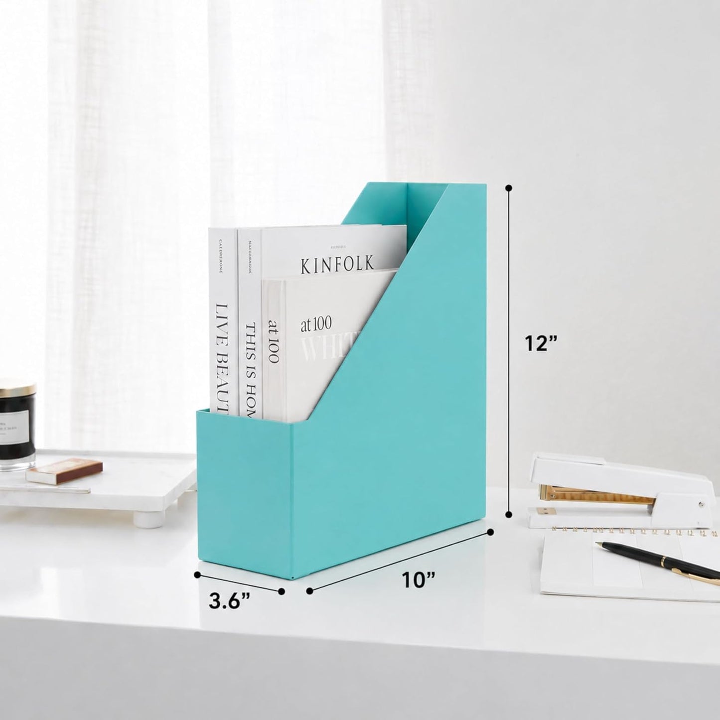 BLU MONACO Set of 6 Aqua Magazine File Holders | Foldable Magazine Storage Boxes with White Leather Label Holders