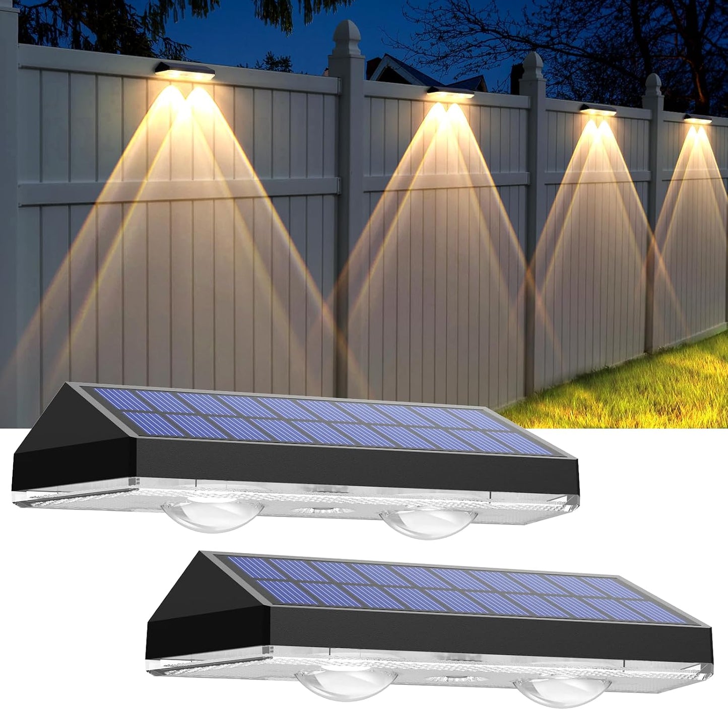 LIANGLOME Solar Fence Lights - 2PK Solar Outdoor Light Warm White/Daylight White/Cold White 3 Modes Deck Lights for