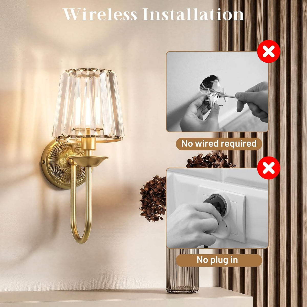 Brass Battery Operated Wall Sconces Set of Two, Crystal Wireless Rechargeable Wall Lights with Remote, Dimmable 3 CCT