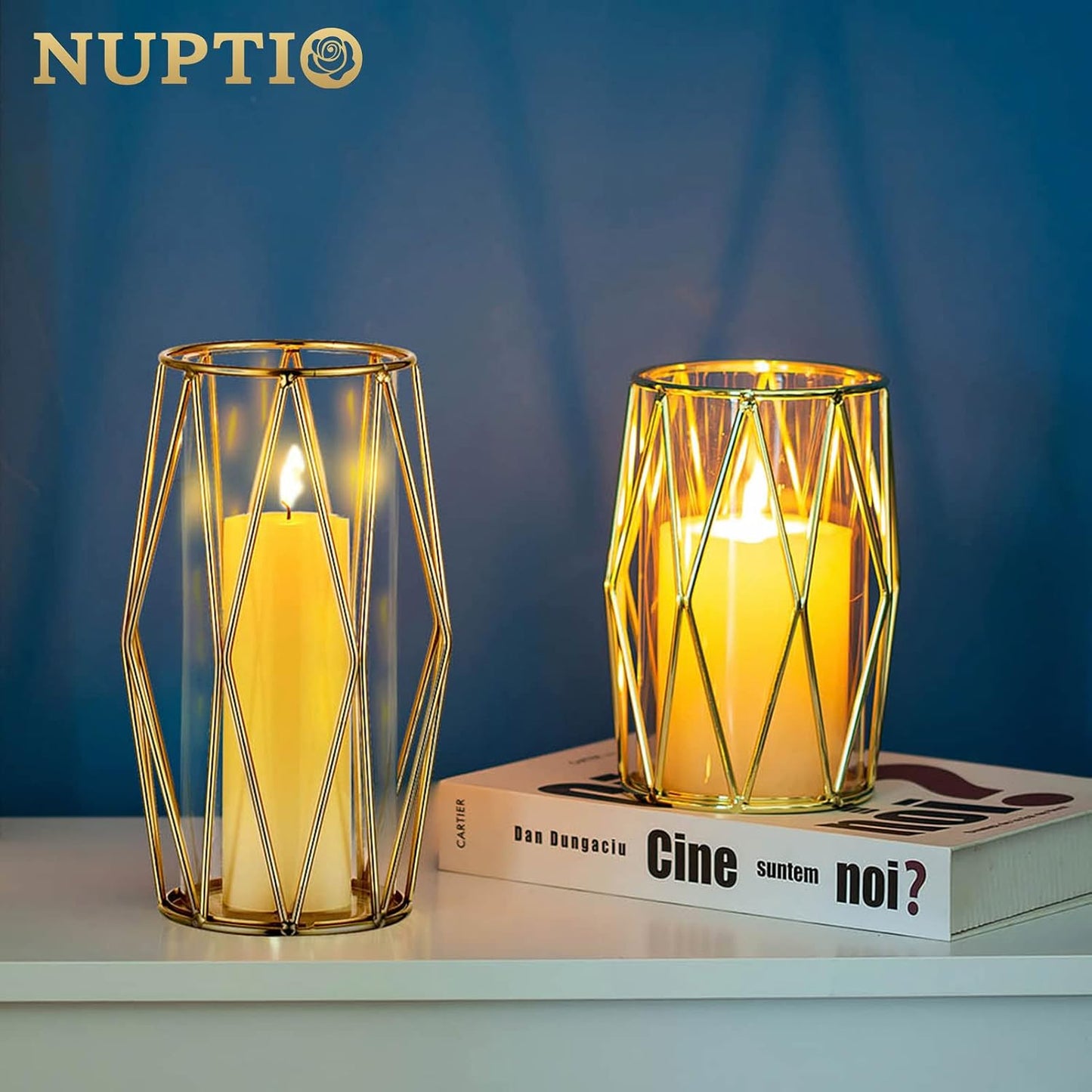 NUPTIO Gold Geometric Hurricane Glass Candle Holders, Set of 2 | 2 Graduated Diamond Frames, Clear Cylinder Vases, for