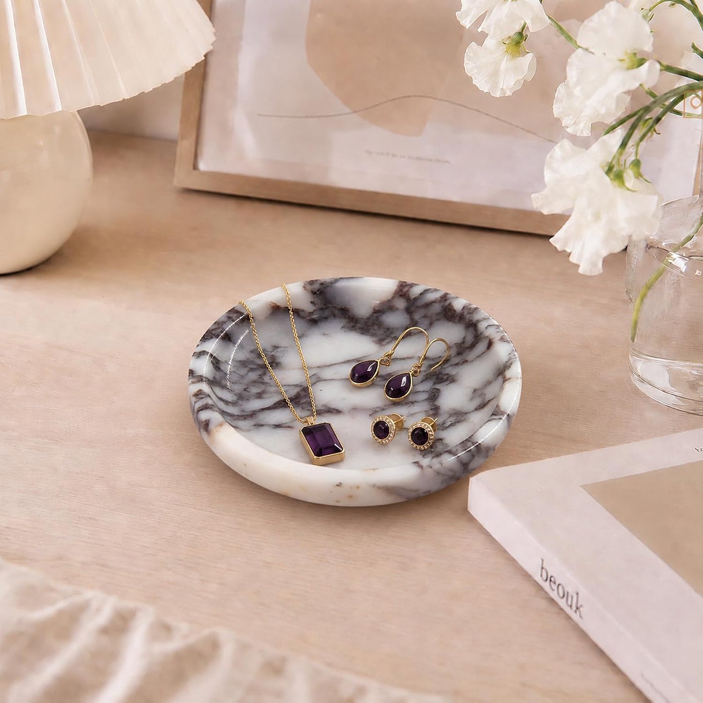 Small Marble Jewelry Tray Key Plate Holder Dish Trinket Decor Catch All / Calacatta Viola / Natural