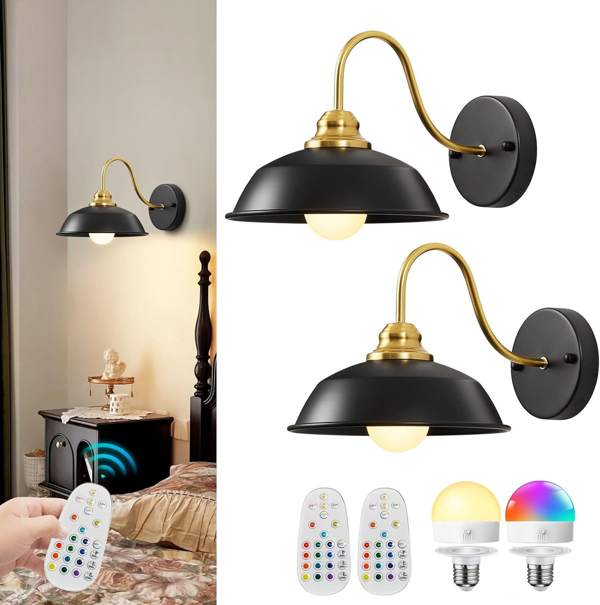Battery Operated Wall Sconces Set of Two, Gold Wireless Wall Lights with Remote and Dimmable Bulbs for Bedroom/Living