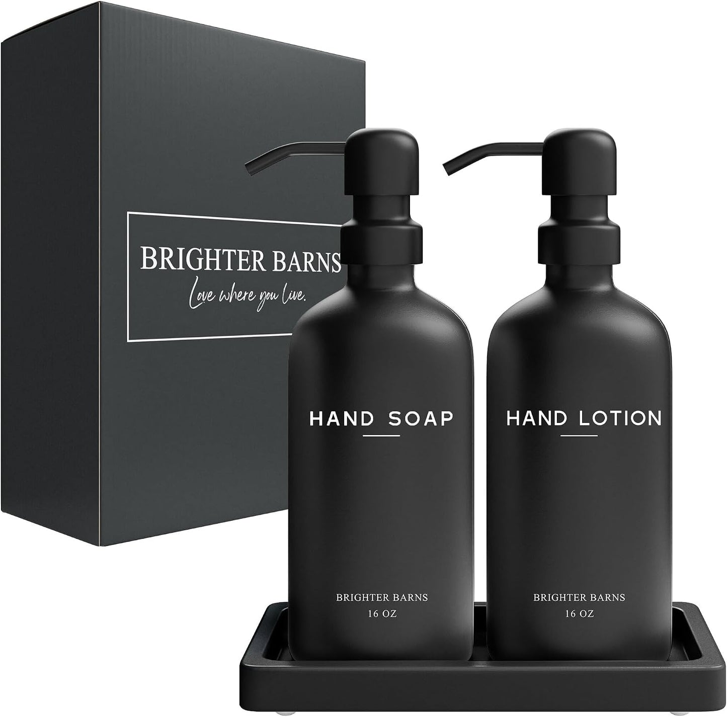 Black Glass Soap and Lotion Dispenser Set with Tray by Brighter Barns - Hand Soap Dispenser Bathroom Set & Stainless