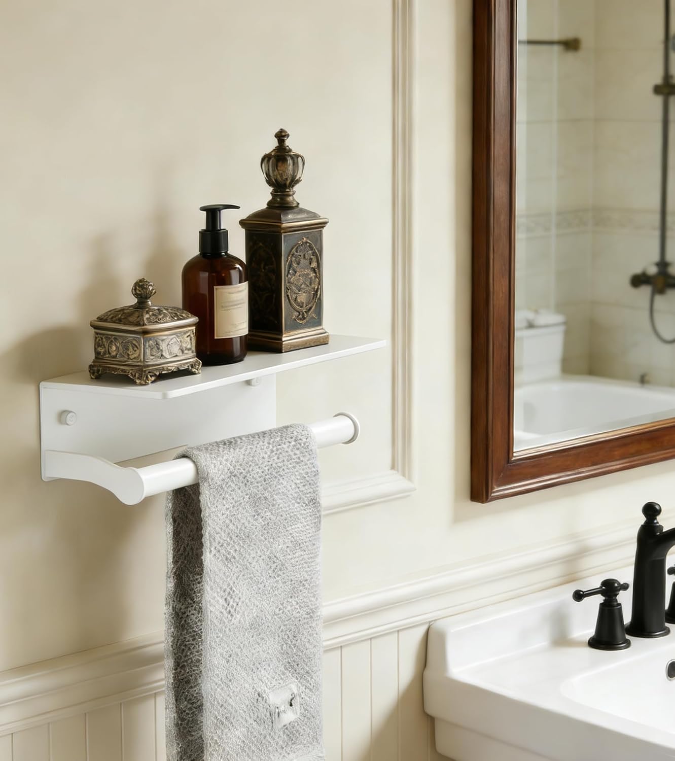 White Paper Towel Holder Wall Mount with Thickened Shelf for Bathroom,Matte White Adhesive Hand Towel Holder,Bathroom
