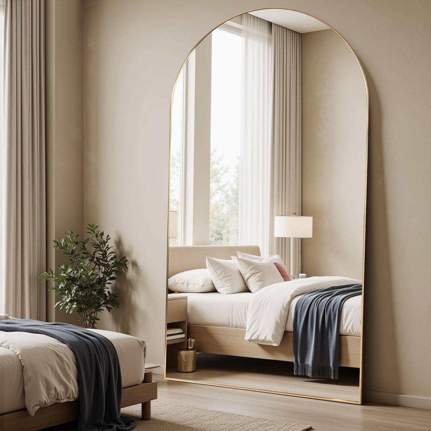 Prywot Full Length Mirror, Oversized 90"x46" Arched-Top Floor Mirror, Gold
