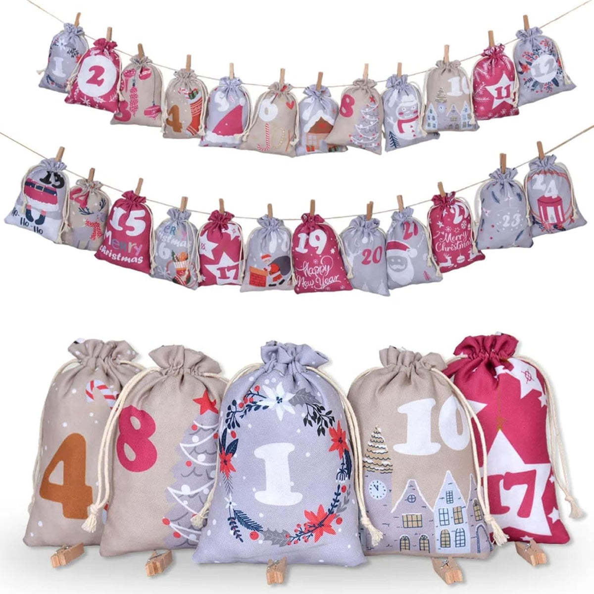 24 Pcs Christmas Advent Calendar Number Bags with Drawstring Closure, 24 Days Countdown Calendar Bags for Xmas gifts, Reusable Christmas gift Bags with Rope and Clips for Winter Holiday Party Favor (Purple)