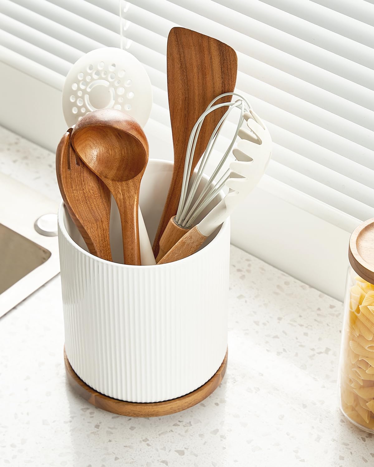 getstar Extra Large Rotating Utensil Holder for Kitchen Counter, 7.9" Ceramic Utensils Crocks Set for Countertop Large