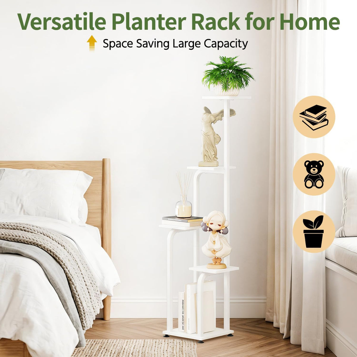 LASZOLA Plant Stand Shelf Tall for Indoor Corner Flower Rack, 5 Tier White | Modern Multiple Display with Wooden Tray