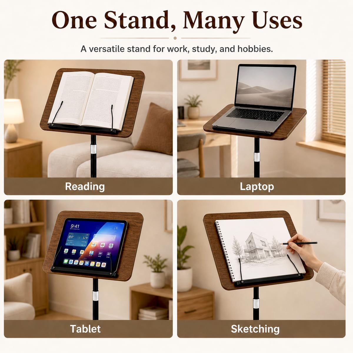 Rolling Book Stand with Wheels, Adjustable Sheet Music & Reading Stand | 16.5 x 11.8 in panel | 19-57 in adjustable