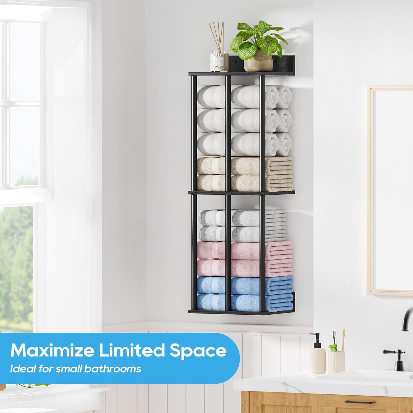 Towel Racks for Bathroom Wall Mounted with Wooden Storage Shelf | Updated 3 Bar Metal Towel Holder for Rolled Towels